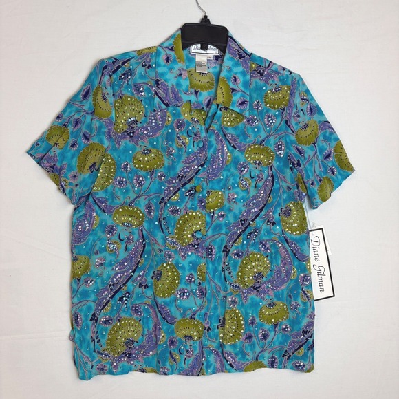 Diane Gilman Tops - NWT Diane Gilman Silk Sequin Floral Paisley Button Up Shirt Blue Womens Medium